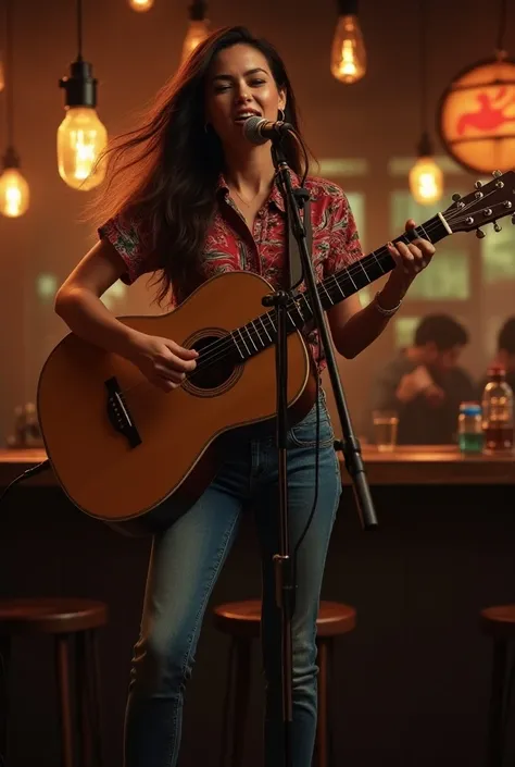  Create a Woman , musician ,Play the guitar,Long hair, Wearing jeans , Shoe Store Booth , Mexican Shirt  ,Long hair, slim shape ,กำลังPlay the guitarและร้องเพลงบนเวทีใน Bar,