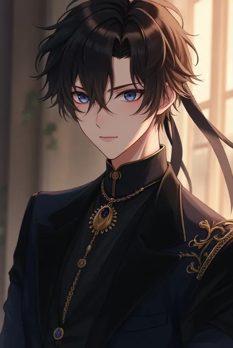 An anime guy with sharp blue eyes represents brown hair with a black ribbon , He has fair skin and wears all the beautiful and luxurious black fairy clothes like the clothes of nobles in a luxurious school uniform
