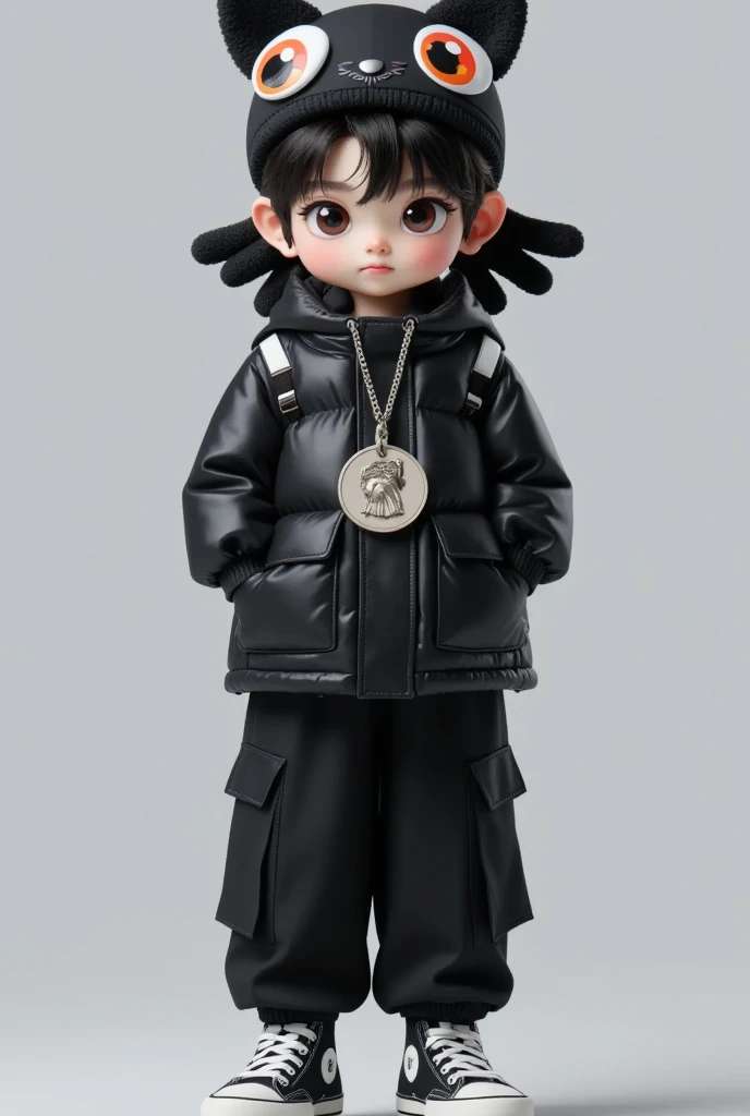 可爱的大Eye男孩，cool，cute animal hat headdress+Tentacles +Eye，时尚的black羽绒服+Pants+shoe。covered mouth,full body,，action， detailed details，Clothing material details，black