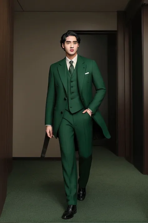 Man in 20s wearing Dark Bottle Green suit coat pants for Conference wide realistic
