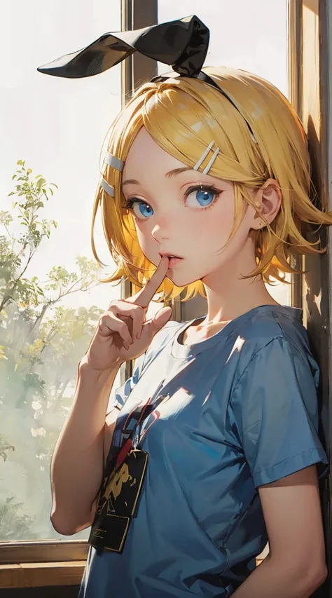 a cartoon character holding up a finger to their mouth in front of a window, kagamine len, 1girl, girls focus, blonde hair, solo, blue eyes, looking at viewer, shirt,  upper body