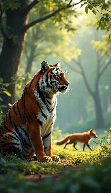 
The tiger is sitting with its eyes closed while the fox is running away.


