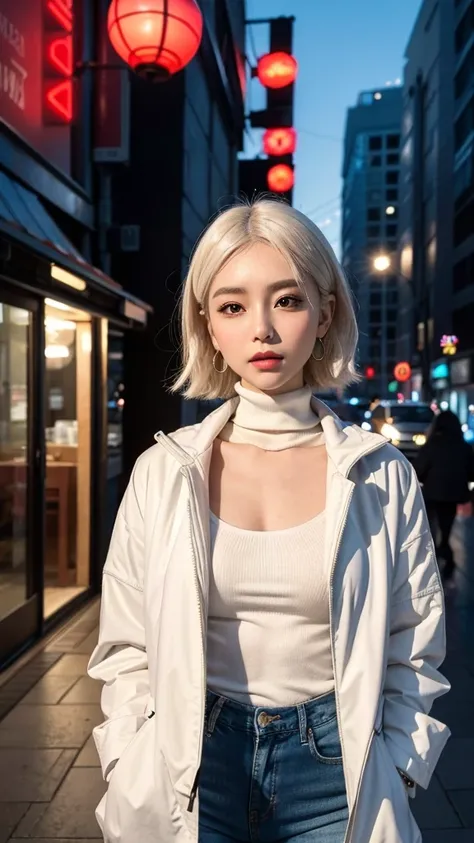 Japanese beauty, short hair, beautiful white hair, very realistic and detailed face, almond shaped eyes, very white skin, big earrings, gyaru makeup, wearing padded jacket in various colors, wearing blue padded jacket, in turtleneck, jeans, ultra realistic...