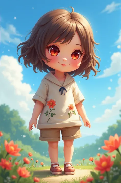 blush, outdoor, daytime, simple background, blue sky, wavy hair brown hair, red eyes, sky, looking at the audience ****, very cute expression, small short legs, avatar