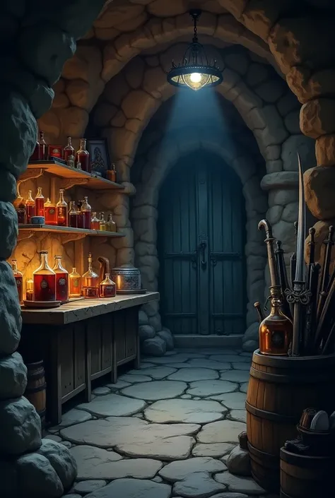 inside cave, a bunch of potions on the shelf, bunch of swords on the barrel, a metal door behind the cashier