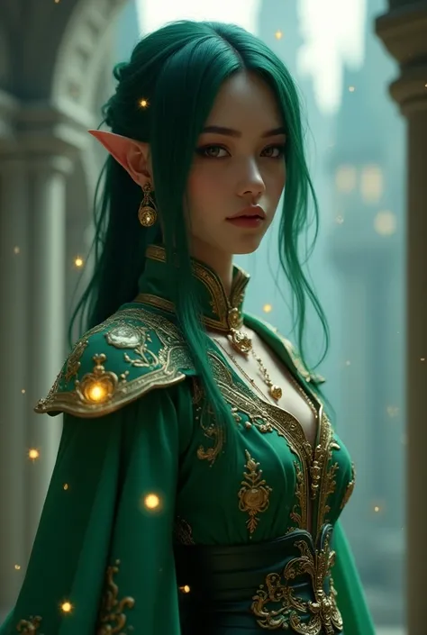 a waist-up portrait of a DnD light skin black female human lunar sorcerer dressed like lisa from genshin impact, hazel eyes, brown eyes, lisa genshin impact,  Kat Graham look alike, DND  Kat Graham, very dark emerald green hair, colors, no weapons, more cl...