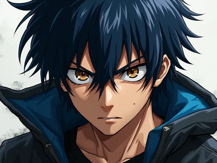  Renji is a 20-year-old man with disheveled dark blue hair. He has brown eyes and a look that conveys anger and determination, but also determination . Wears a black jacket with blue details on red .