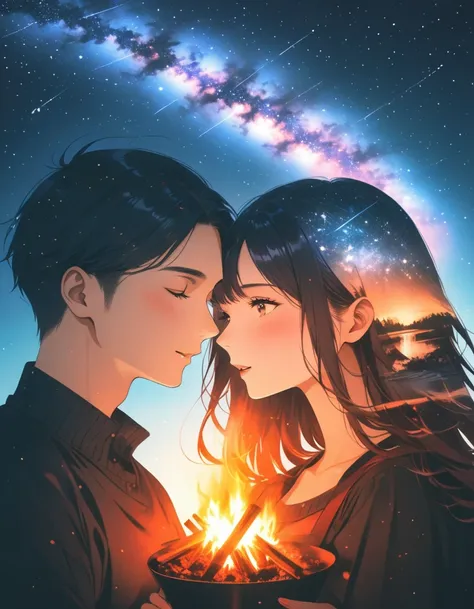 bonfire, starry sky ,Portrait of a couple in love,Double Exposure,,