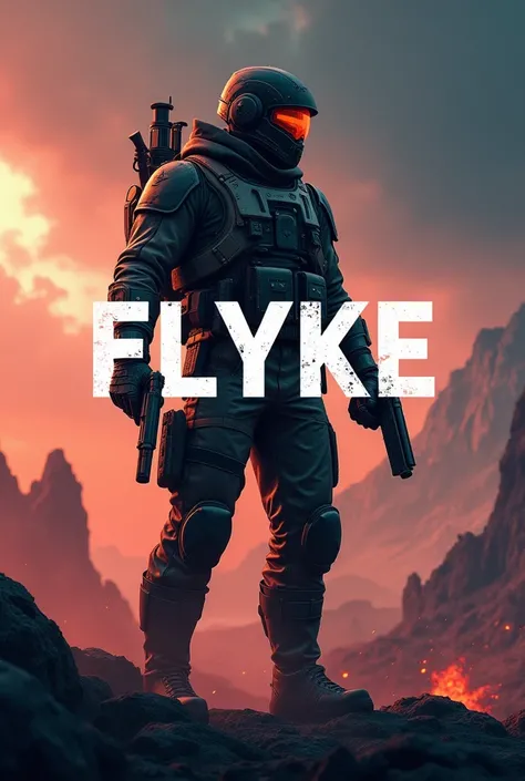 Make a youtube banner ratio of 2560 pixel and 1440 width name FLYKE AND USE THE COMBINATION  THAT LOOK ATTRACTIVE AND AN IMAGE WITH THAT OF AN GAME CHARACTER LIKE A SOLDIER .
