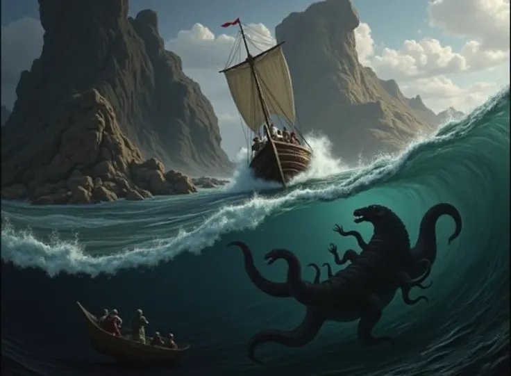  The ship sails between two rocks and between the two monsters Scylla and Charybdis.  On one rock was the monster Scylla , who had 6 heads .  On the other side of the sea, there was the monster Charybdis in the sea ,  that makes a wave .  The whole image i...