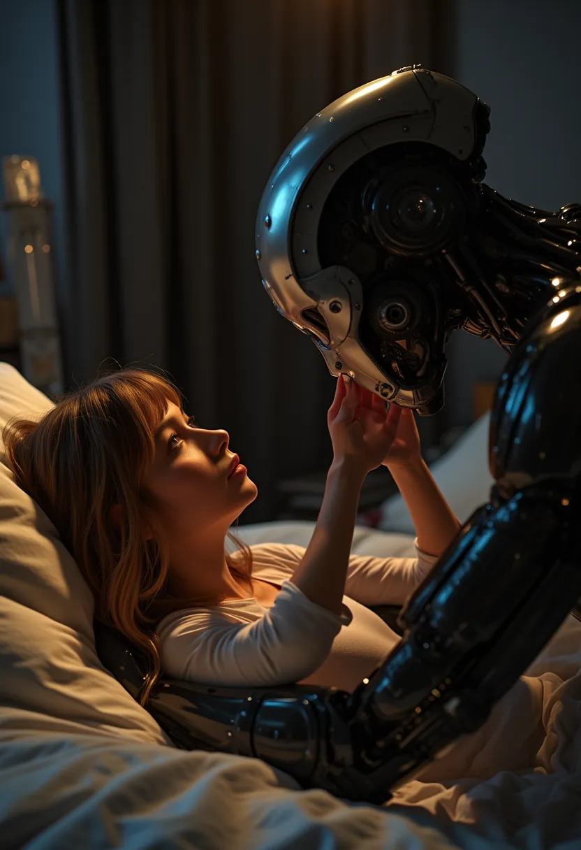 ((masterpiece)) ((photography)) ((Highest quality)) A cinematic, ultra-realistic depiction of a woman in a dimly lit room, lying in a modern bed with luxurious white sheets. She gazes intently at a sleek male cyborg, his metallic body reflecting soft ambie...