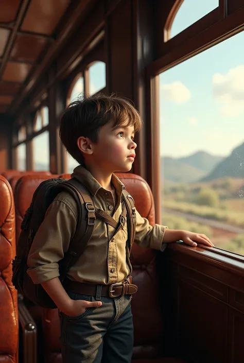  Realistic Here is the image of the adventurous  boy traveling on a vintage train. Let me know if youd like any adjustments!

