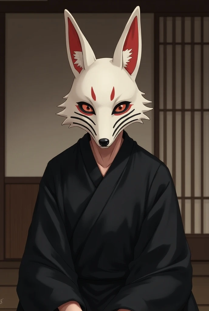  The image shows a male character sitting in a relaxed posture inside what appears to be a traditional Japanese tavern or house.  He wears a Japanese-style mask that recalls that of a fox  (narrow),  Base Color :  The mask is predominantly white ,  which i...