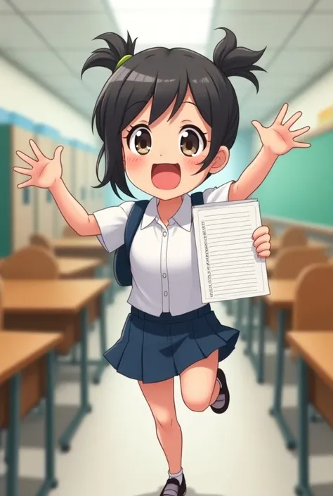 A school girl that looks happy because she got a perfect score in their project in the school. Anime style