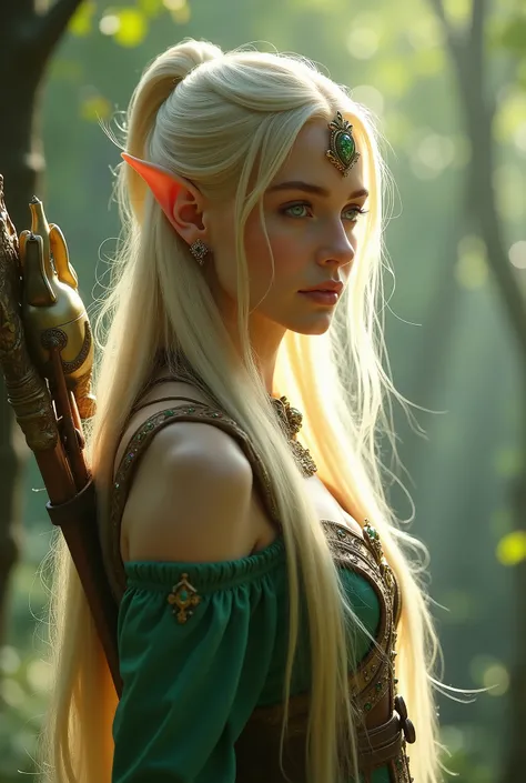 a breathtakingly beautiful (((side view))), showcasing the full height of this stunning elven woman, with exquisite details and ultra-realistic skin, embodying a vividly colorful and dynamic fantasy atmosphere. Her long, smooth light blonde hair cascades d...