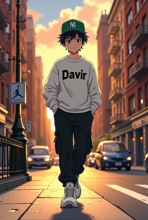  Make me a white boy with black hair wearing a green Yankis cap,  With a white sweater that says DAVIR , wearing black cargo pants , With Jordan retro pants three white ,  Walking at sunset on the sidewalks of the streets of New York in anime