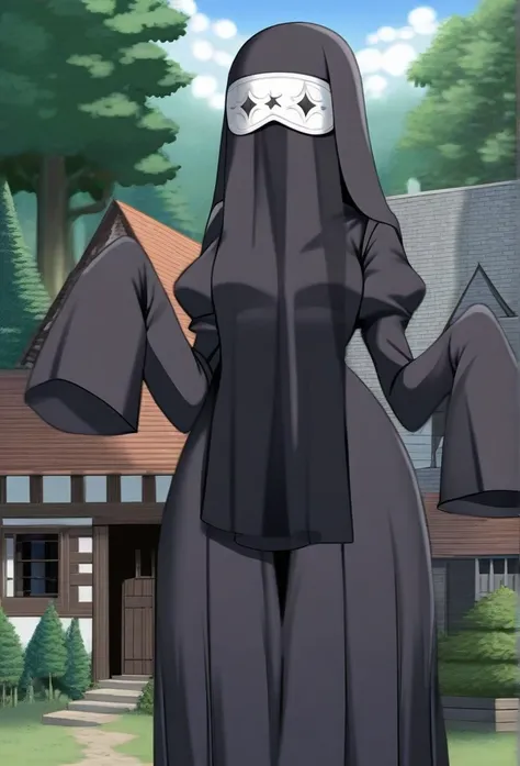 Solo, 1girl, tall women, puff shoulders, black nun outfits, long skirt, faceless, veil mask /(Veil mask covering face), sleeves past wrists, sleeves past fingers, sexy, overly long sleeves, standing, house, forest, day