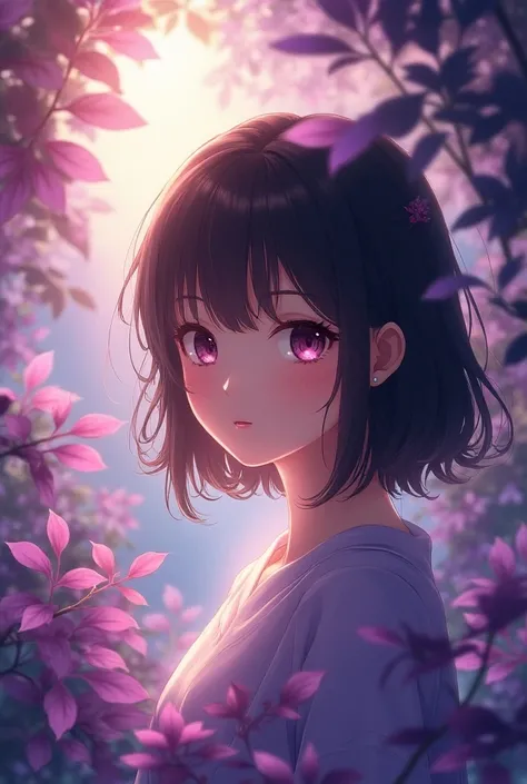 a beautiful anime-styled landscape, 1girl, detailed eyes, detailed face, detailed expression, purple leaves, lush foliage, sun rays, warm lighting, vibrant colors, cinematic composition, detailed background, intricate details, (best quality,8k,highres,mast...