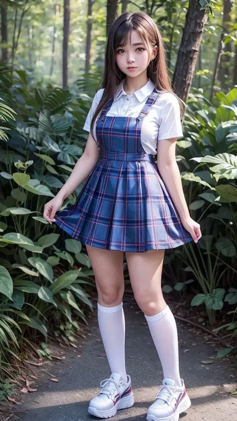 Full body, curvy fited figure, cute  teen   beautiful schoolgirl  , beautiful cute teen face,    Plaid pleated silk skater pinafore dress, silk plaid skater pinafore dress, transparent white laced blouse, brunet long hair, beautiful eyes. stockings,  white...