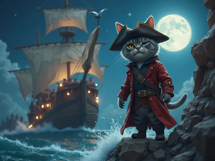  a fantasy gray cat wears pirate clothes and closes one eye, boarding a fantasy pirate ship , Nighttime Fantasy, Behind it is a pirate army.