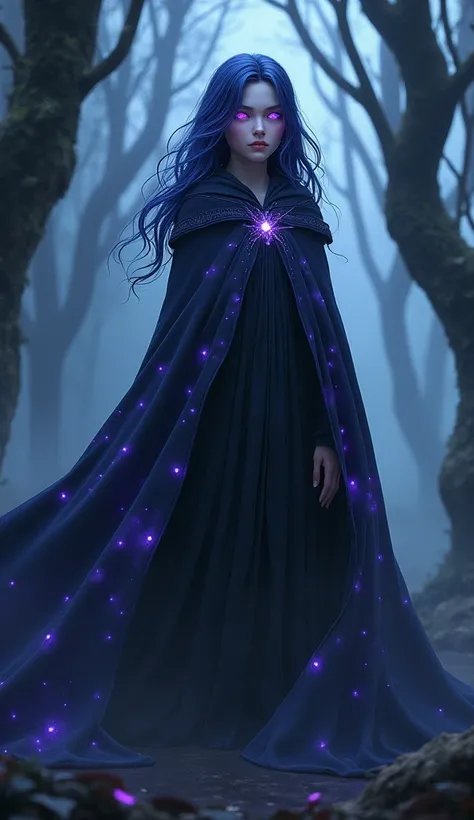 Prompt: "A young woman named Liora, age 22, with midnight-blue hair streaked with silver, wearing a cloak that changes colors to reflect her emotions. She has deep, glowing violet eyes that seem wise beyond her years. She stands in a mystical forest, surro...