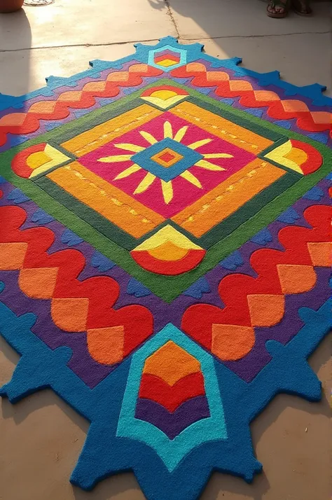 Create a Rangoli design using geometric shapes. Color it using any three vibrant colors of your choice