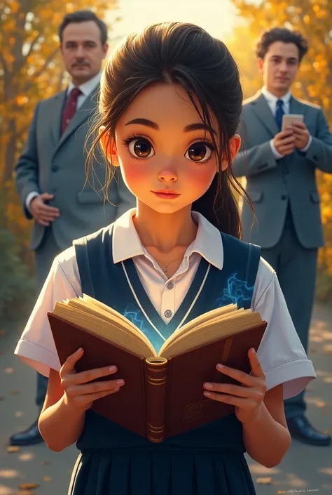 Girl, school uniform, holding a science book, someone comes out, half-seen, James Clerk Mack
Zwell, Nils Pohr, Machs Planck, Heinrich Hatz, portrait size A5, bright color picture.