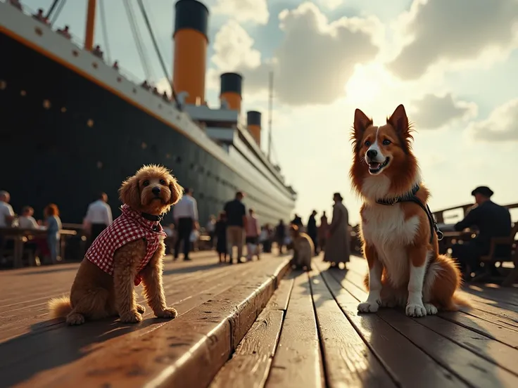  Scene of a huge luxury ship ,  the Titanic Canine ,  docked and ready to leave .  The ship is majestic ,  decorated with Victorian details adapted for dogs ,  like drinkers and play spaces .  Along the deck ,  dogs of various breeds ,  from Poodles to Lab...