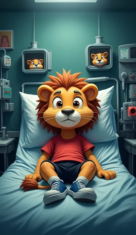 "A cartoon lion character with a round face and large expressive eyes, wearing a red t-shirt, black shorts, and blue sneakers, lying in a dark hospital room, looking weak and anxious. The hospital room is dimly lit with medical equipment around, and outsid...