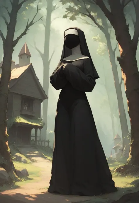 Solo, 1girl, tall women, puff shoulders, black nun outfits, long skirt, faceless, veil mask /(Veil mask covering face), sleeves past wrists, sleeves past fingers, sexy, overly long sleeves, standing, house, forest, day