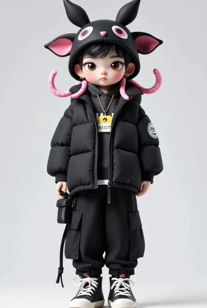 可爱的大Eye男孩，cool，cute animal hat headdress+Tentacles +Eye，black羽绒服+Pants+shoe， detailed details，Clothing material details，black