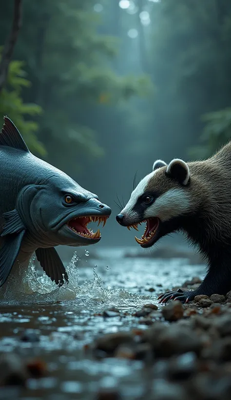 Create an image depicting a fierce standoff between an angry piranha and a hostile badger, both facing each other with aggressive, intense expressions. The piranha should be partially out of the water, its sharp teeth exposed and fins flared in a defensive...