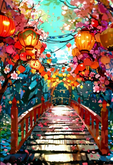 Lantern exhibition hall. Various lantern styles. A bridge made of flower petals. Lanterns of various shapes and sizes floating in the sky.