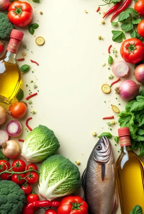 Grocery image have fish vegetables cabbage, tomato, grocery bag, onions, chili, cooking oil in big bottle, realistic image. Banner style