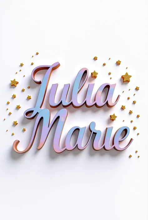 A 3D render of a conceptual art piece with the text "Julia Marie". The text is written in a mesmerizing gradient from pastel blue to pastel purple. The text is adorned with intricate golden accents and outlined with shimmering gold. A shower of sparkling g...