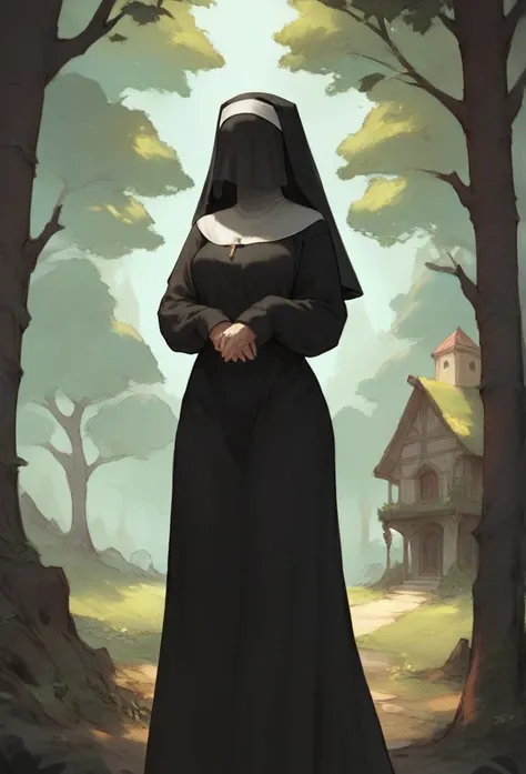 Solo, 1girl, tall women, puff shoulders, black nun outfits, long skirt, faceless, veil /(Veil covering face), sleeves past wrists, sleeves past fingers, sexy, overly long sleeves, standing, house, forest, day