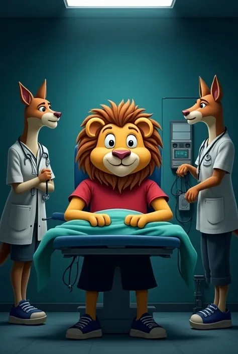 "A cartoon lion character with a round face and large expressive eyes, wearing a red t-shirt, black shorts, and blue sneakers, lying on an operating table in a hospital, with doctors and nurses (in animal cartoon forms) preparing for surgery. Its nighttime...