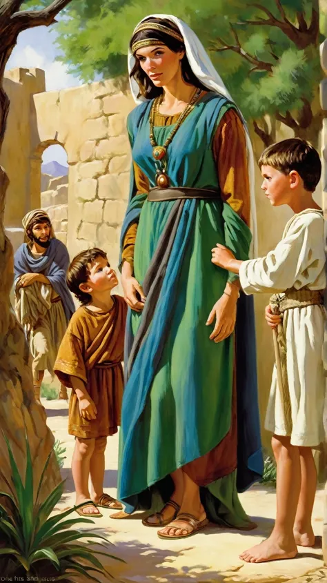 Rebecca helping your son, Jacob, disguise himself as Esau, both of them sharing a knowing glance.