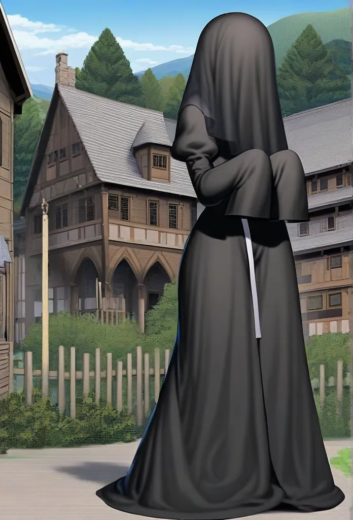 Solo, 1girl, tall women, puff shoulders, black nun outfits, long skirt, faceless, veil /(Veil covering face)\, sleeves past wrists, sleeves past fingers, sexy, overly long sleeves, standing, house, forest, day