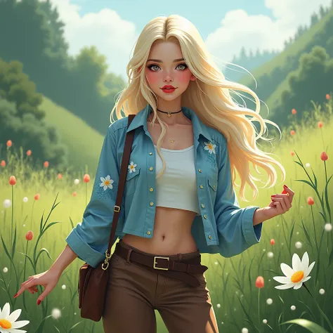 

 In a Wonderland meadow , posing, (  woman blonde hair with red lip waves gray Chinese eyes with lyner and light gray makeup) ,  wearing a blue jacket with a white floral pattern and light blue leaves , combined with a white crop top ,  brown pants and d...