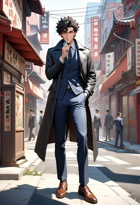  Super High Definition Anime-Style 3DCG Art Portraits of Men ,  A man is walking on the sidewalk in Chinatown while smoking  . Men Are Spike Spiegel  , detailed brown eyes , Detailed Real Skin 、smile, black haired, One Boy , Black Leather Trench Coat 、 nav...