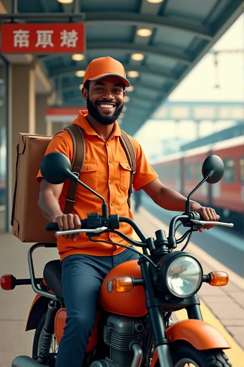 Genere a smiling black-skinned delivery man stopped with his motorcycle in front of a station 