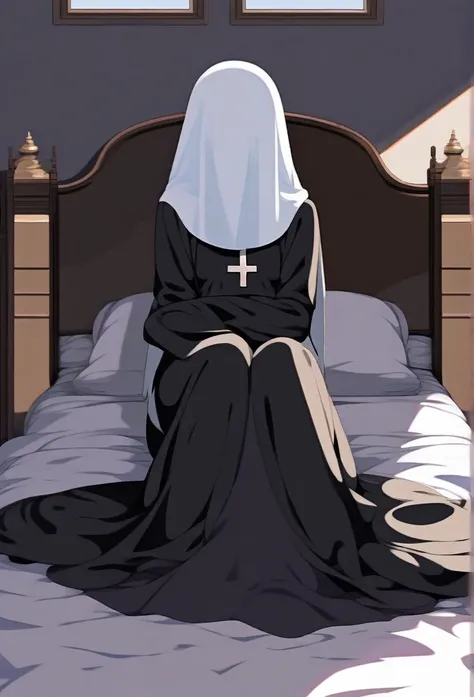 Solo, 1girl, tall women, puff shoulders, black nun outfits, long skirt, faceless, veil /(Veil covering face), sleeves past wrists, sleeves past fingers, sexy, overly long sleeves, sitting, bed, day