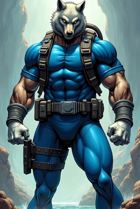 (A rugged beefy very muscular bulky serious wolf man), (wearing blue wetsuit), hands up pose, wearing bulky scuba gear, muscular physique, toned muscles, fierce, heroic, action, comic artstyle, bulky best quality, wearing white rubber gloves. wearing gun h...