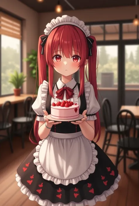 Promotional photo, the place is a coffee shop, 1 girl, 16-year-old face, waitress carrying cake to the table, red-haired twin tails, gentle face, half costume of gothic lolita and maid costume with the image of strawberries, clothes based on white,