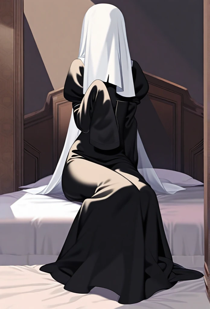 Solo, 1girl, tall women, puff shoulders, black nun outfits, long skirt, faceless, veil /(Veil covering face), sleeves past wrists, sleeves past fingers, sexy, overly long sleeves, sitting, bed, day