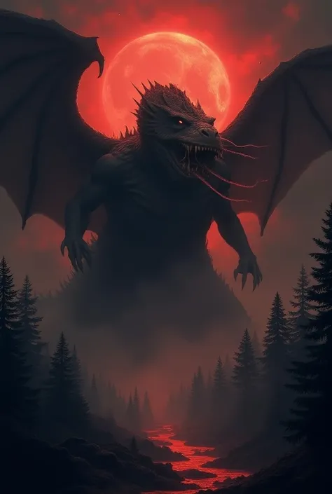 Terrifying big dragon roaring blood moon and fire in the dark cloud forest 