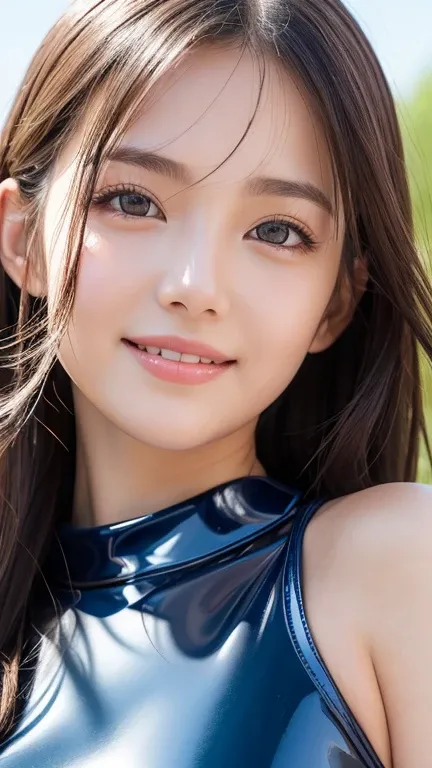 (Very beautiful cute girl), (Very cute face:1.2),(Shining, clear, attractive big eyes),Beautiful detailed eyes, Double eyelids with attention to detail, (smile), (Realistic photos:1.2), 
(Ultra shiny metallic navy blue latex school swimsuit :1.1),
School p...