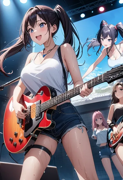 Best Quality、Ultra-precision、Detailed drawing、 vibrant colors、Beautiful girl 、Age 30、Outdoor Stage、 spotlight 、Dynamic pose、blue sky、 tank top、 shorts、Electric guitar、LARGE GUITAR AMP 、speaker、ear monitor、microphone、Skin gloss、Beautiful big boobs、Beautiful...