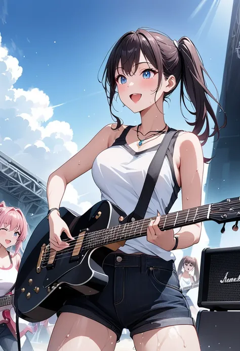 Best Quality、Ultra-precision、Detailed drawing、 vibrant colors、Beautiful girl 、Age 30、Outdoor Stage、 spotlight 、Dynamic pose、blue sky、 tank top、 shorts、Electric guitar、LARGE GUITAR AMP 、speaker、ear monitor、microphone、Skin gloss、Beautiful big boobs、Beautiful...